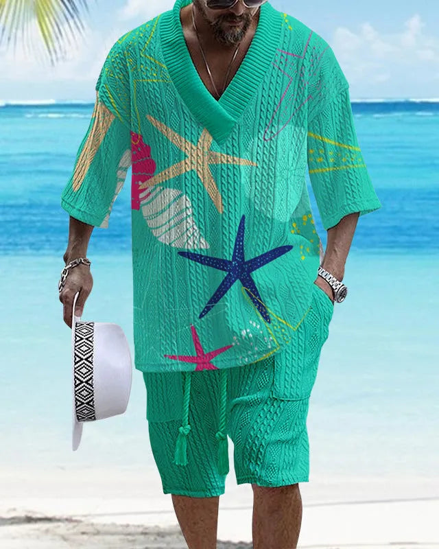Men's loose-fit casual short sleeve suit and shorts set in a solid colour.