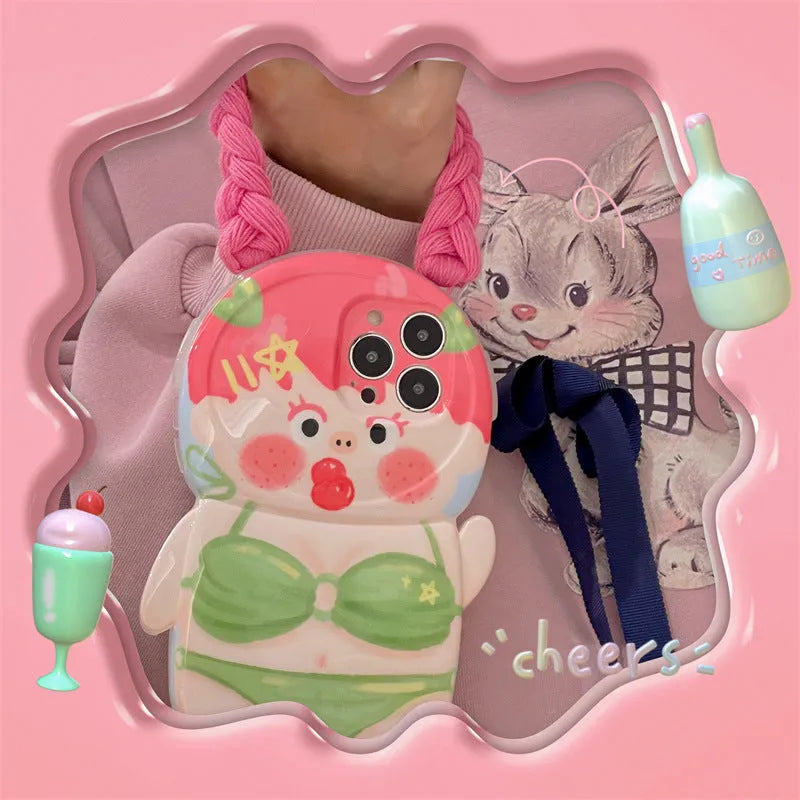 Pink and green silicone iPhone case with cartoon girl in swimsuit design for iPhone 11, 12, 13, 14 models.