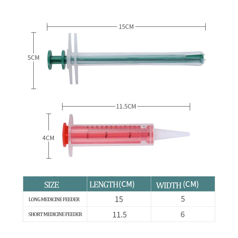Two silicone pet pill shooter tools with soft tips for administering medication to cats and dogs.