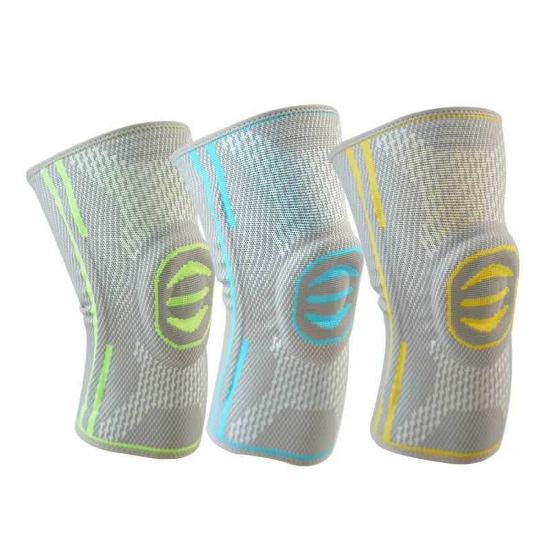 Cotton mountaineering knee pads in green, blue and yellow colours showing knee protection design