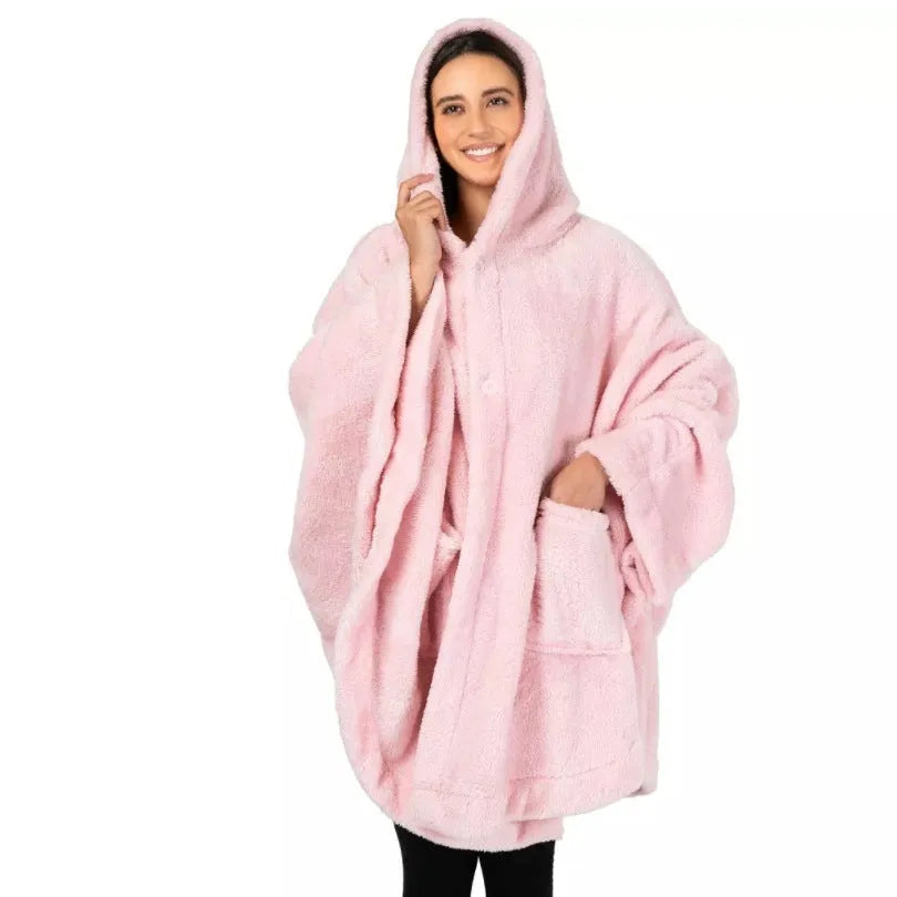 Thick hooded polyester bathrobe in black, dark grey, or pink, shown as a long-sleeve cardigan.
