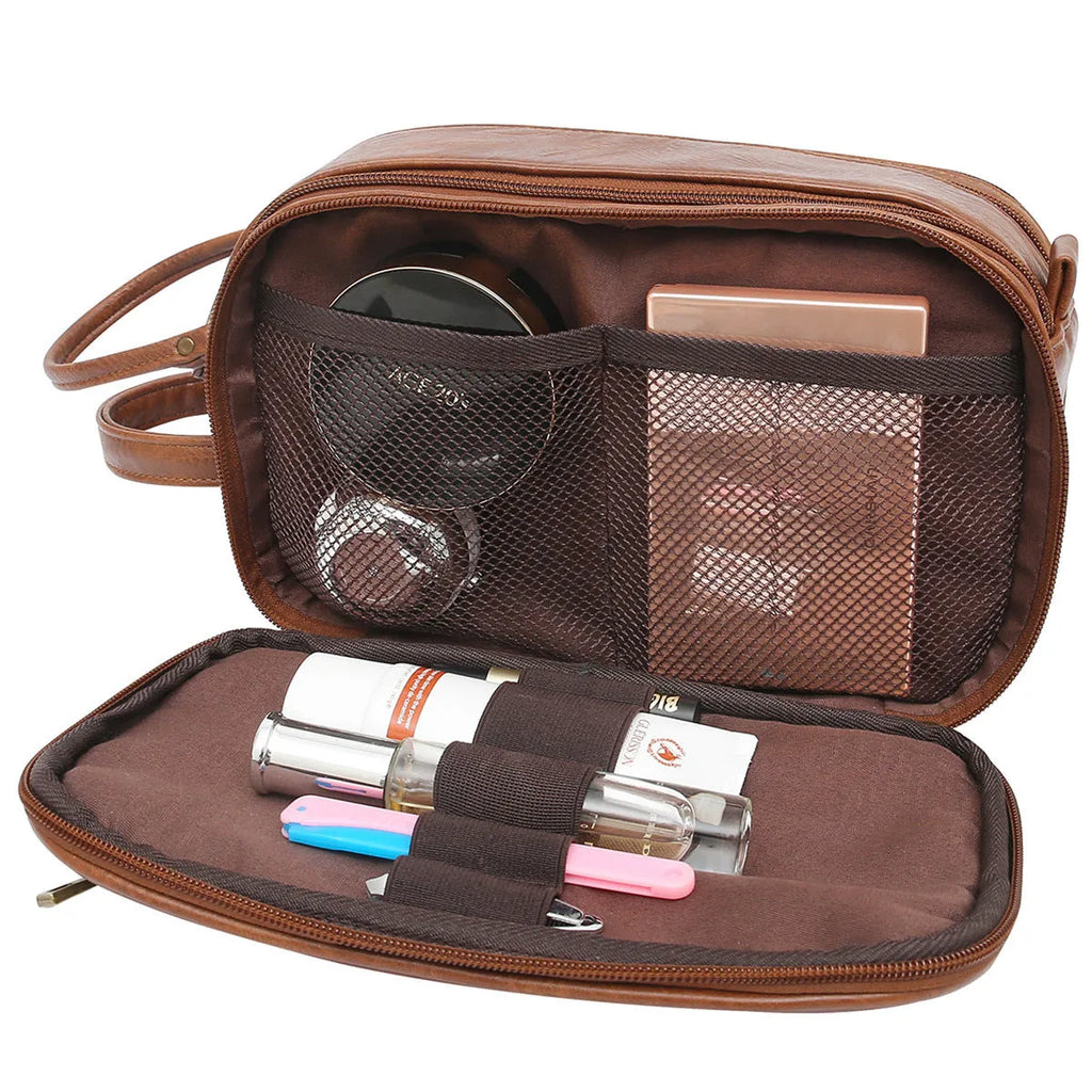 Men's black PU leather toiletry bag with multiple compartments open to show interior organisation