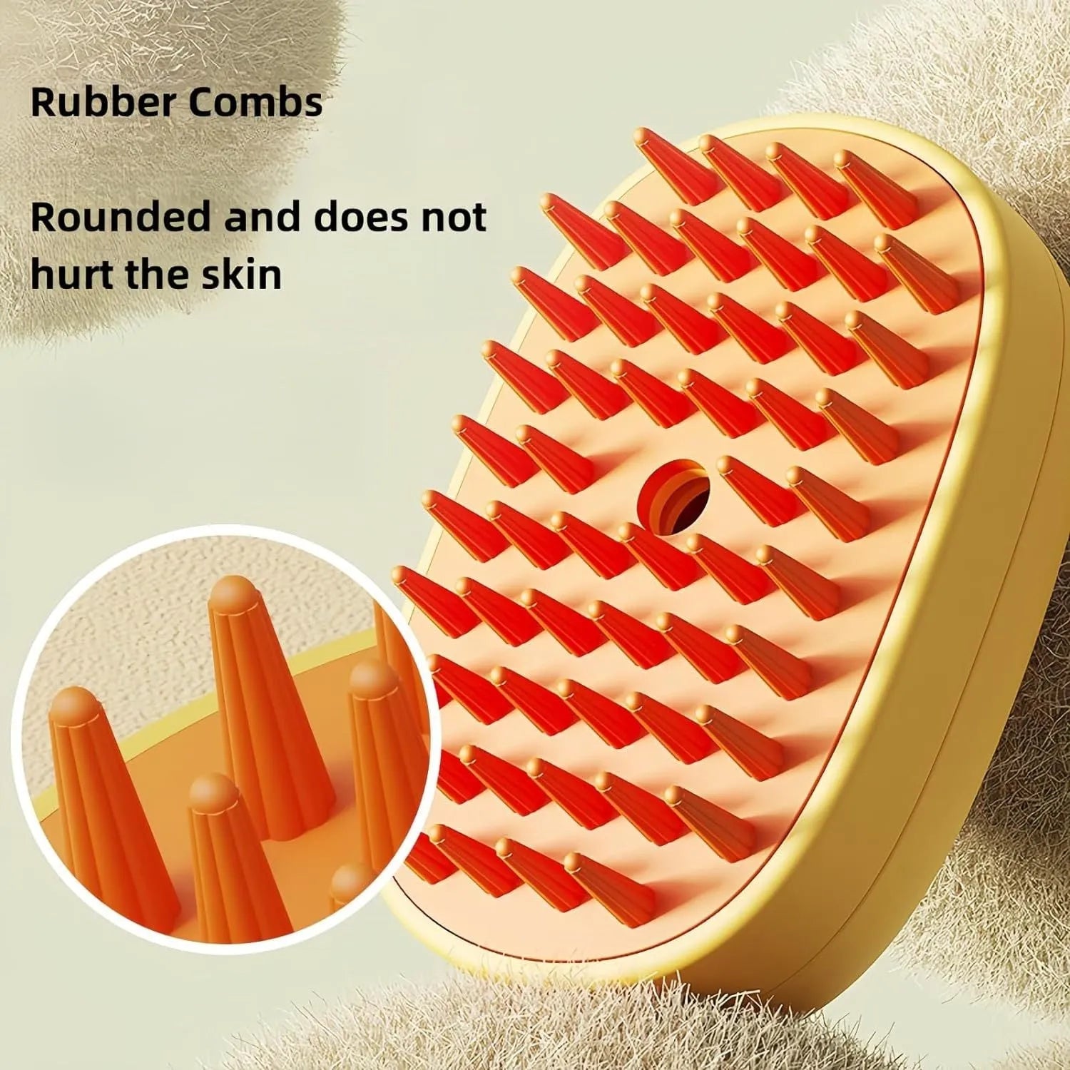 White rechargeable steam pet brush with rubber comb teeth and water tank for grooming dogs and cats.