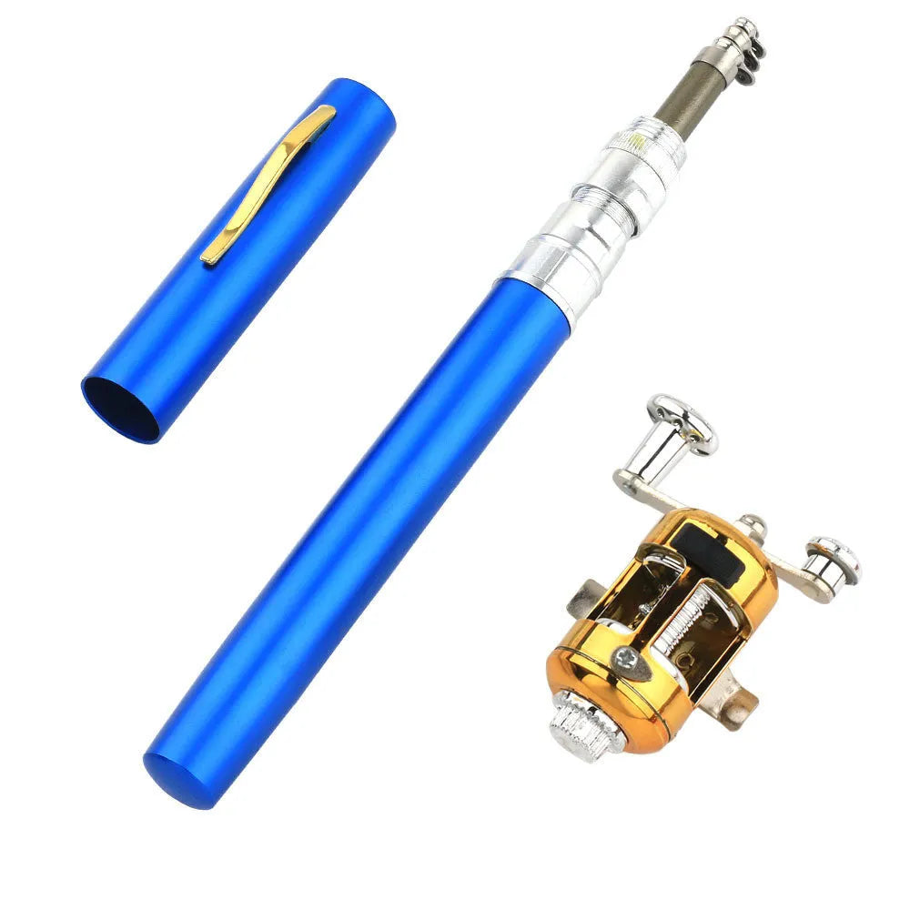 Telescopic pen fishing rod kit with aluminium case shown in gold colour alongside extended 1 metre fibreglass rod and ST5RL fishing reel