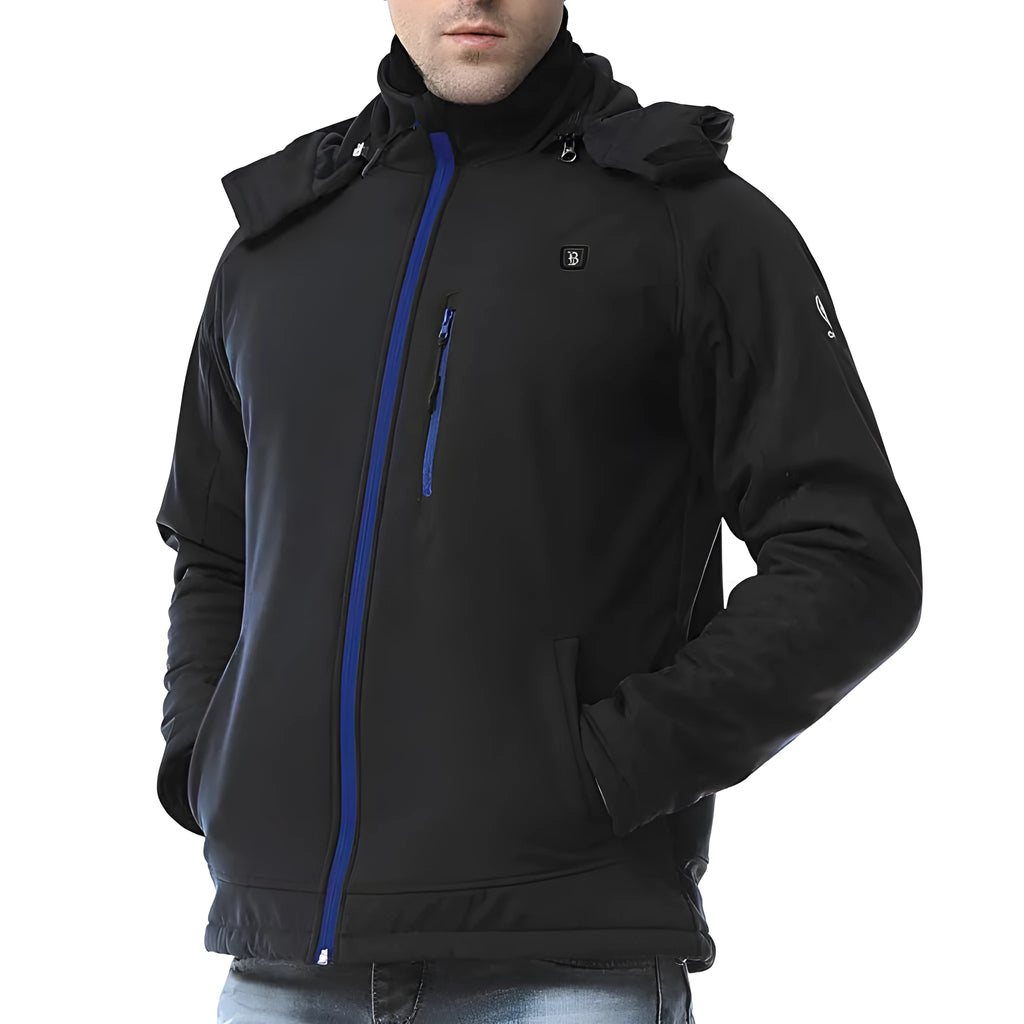 Black men's USB heated winter coat with long sleeves, straight hem, and zippered pockets.