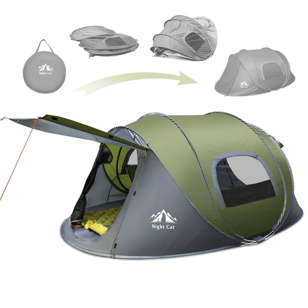 Dark green automatic instant two-person camping tent with deployed frame