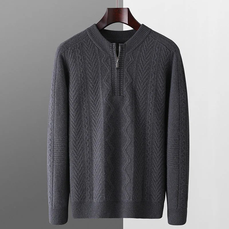 Men's pure wool half-zip sweater with diamond lattice pattern in milky white colour showing front view