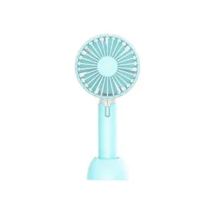 Blue handheld mini desktop electric fan with USB cable and three speed settings