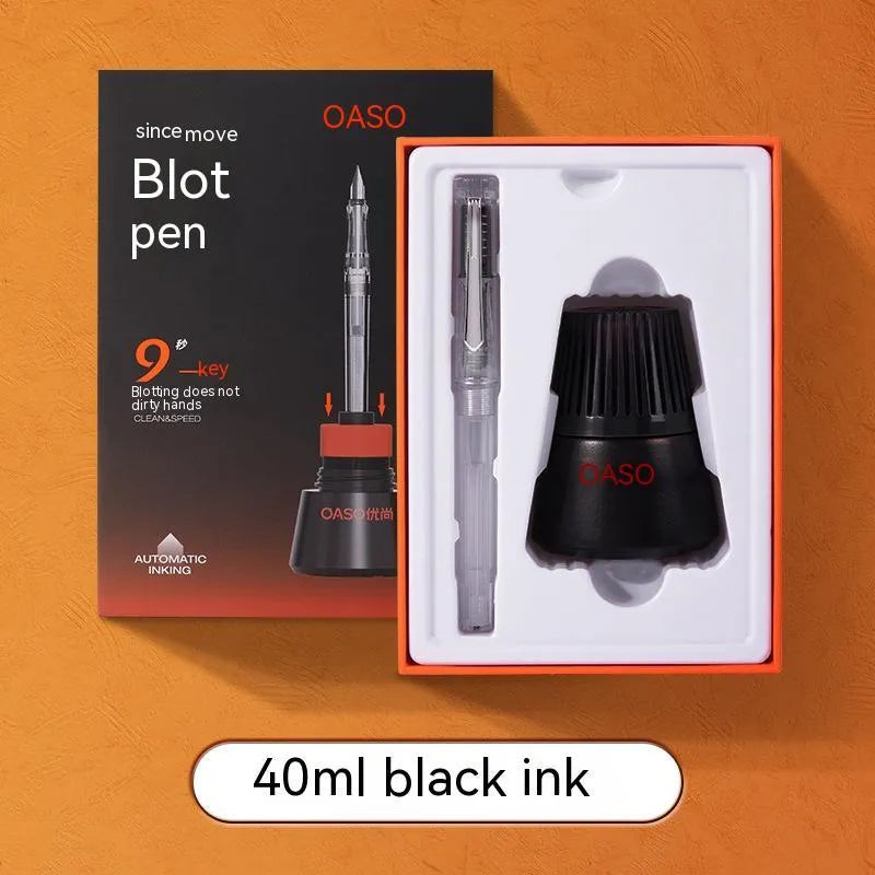 Automatic suction pen set with plastic shell, choice of tip sizes, and 40ml ink reservoir with handbag