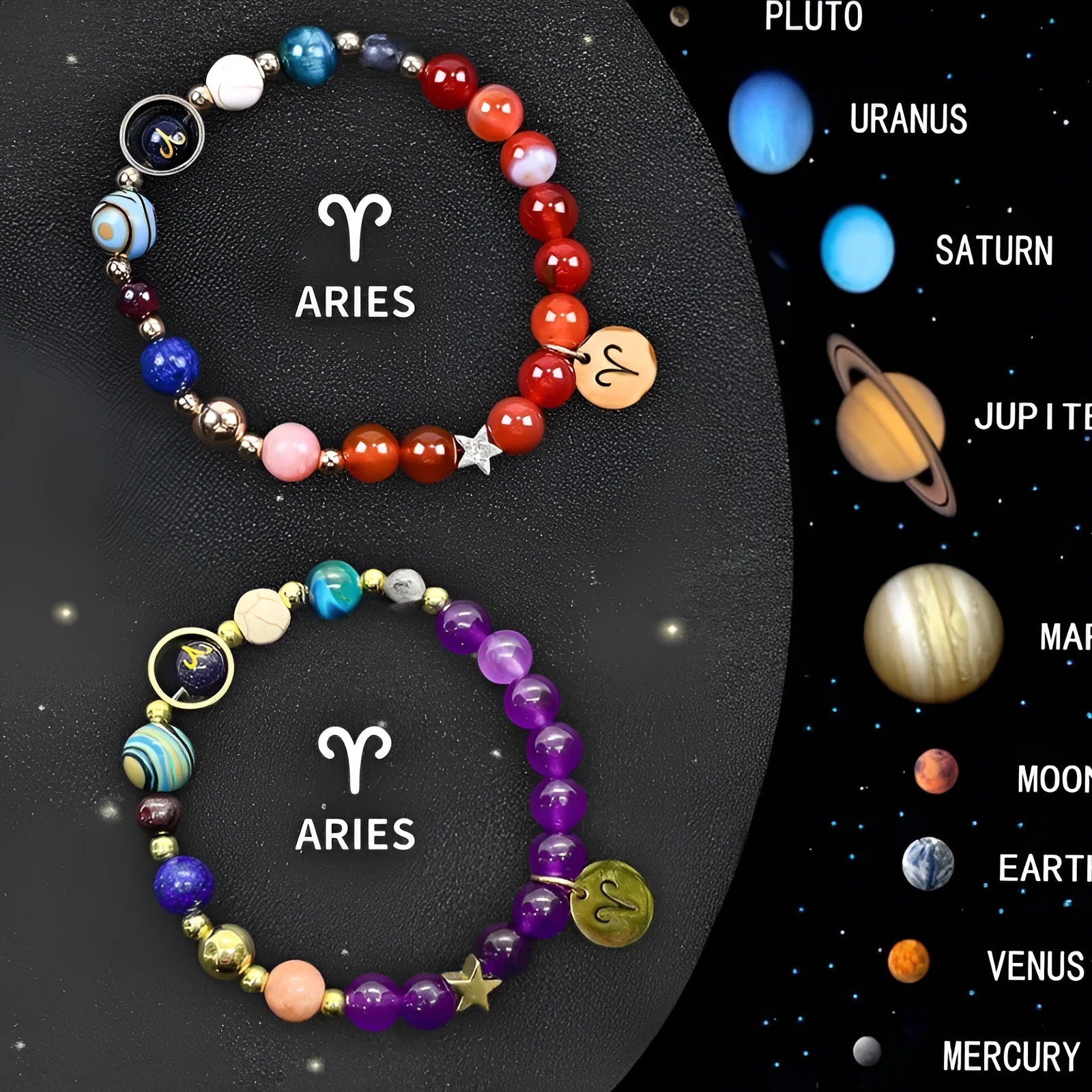 Two natural stone beaded bracelets for zodiac signs on a neutral background.