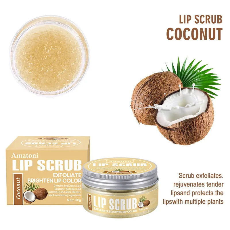 Amatoni lip scrub cream in 30g container with coconut, raspberry, vanilla, and watermelon flavour options
