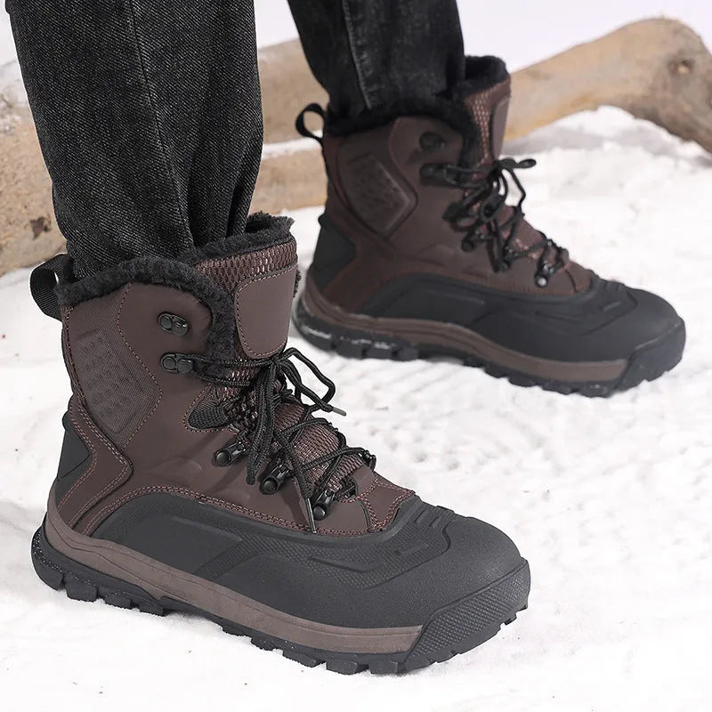 Men's black fleece-lined high-top boots with khaki velvet lining and lace-up front.