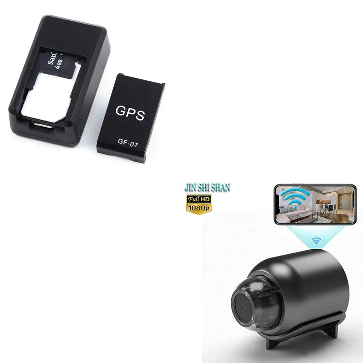 Black plastic magnetic GPS car tracker device measuring 35x20x14mm with USB charging cable