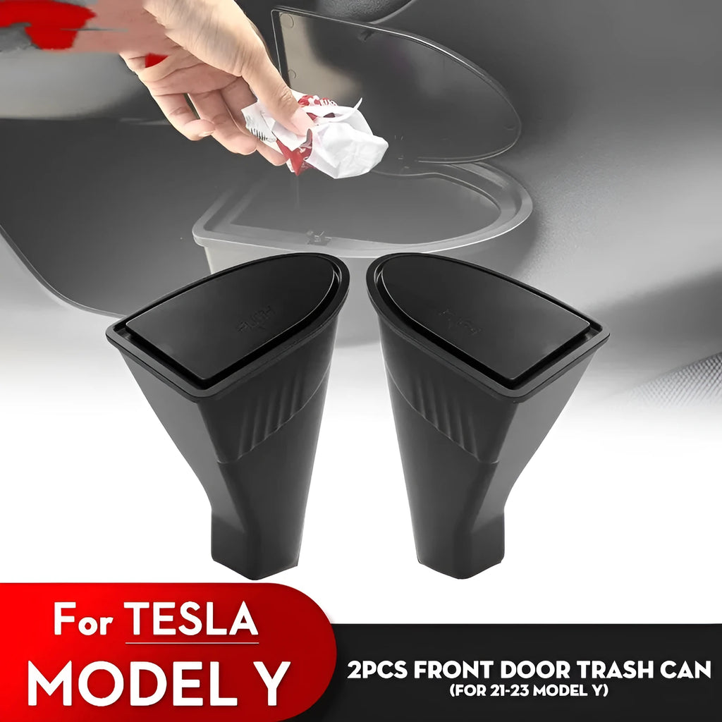 Two black ABS plastic car door trash cans designed for Tesla Model Y front doors.