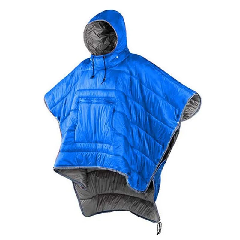 Grey adult-sized outdoor cloak sleeping bag worn as a cape, showing its 200x140cm dimensions.