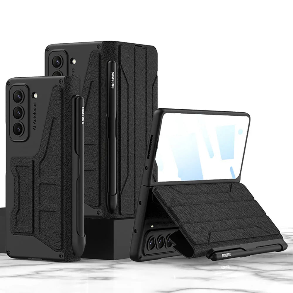 Samsung Galaxy Z Fold5 flip leather cover with pen slot, carbon fiber pattern, PC back anti-fall case on white background