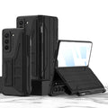Samsung Galaxy Z Fold5 flip leather cover with pen slot, carbon fiber pattern, PC back anti-fall case on white background