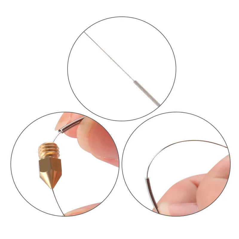 Mk8 E3D 3D printer nozzle cleaning needles pack of 10 in five micron sizes