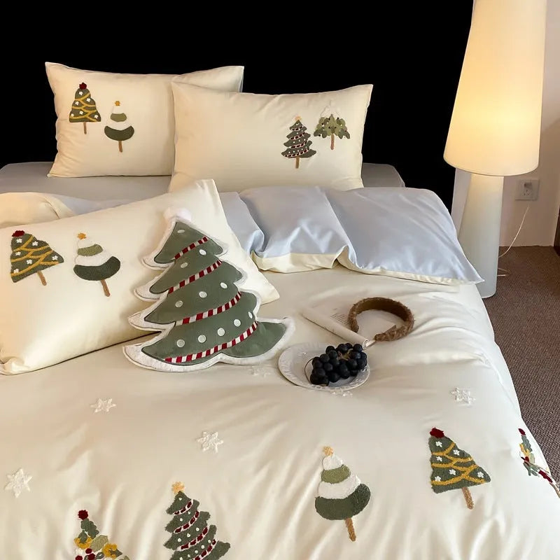 Christmas tree embroidered cotton bed linen four-piece set in cream blue and green colour options