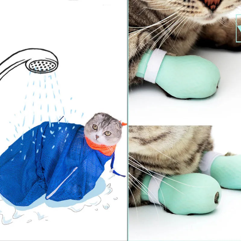 Four green silicone cat anti-scratch foot covers for paw protection during washing and medical care