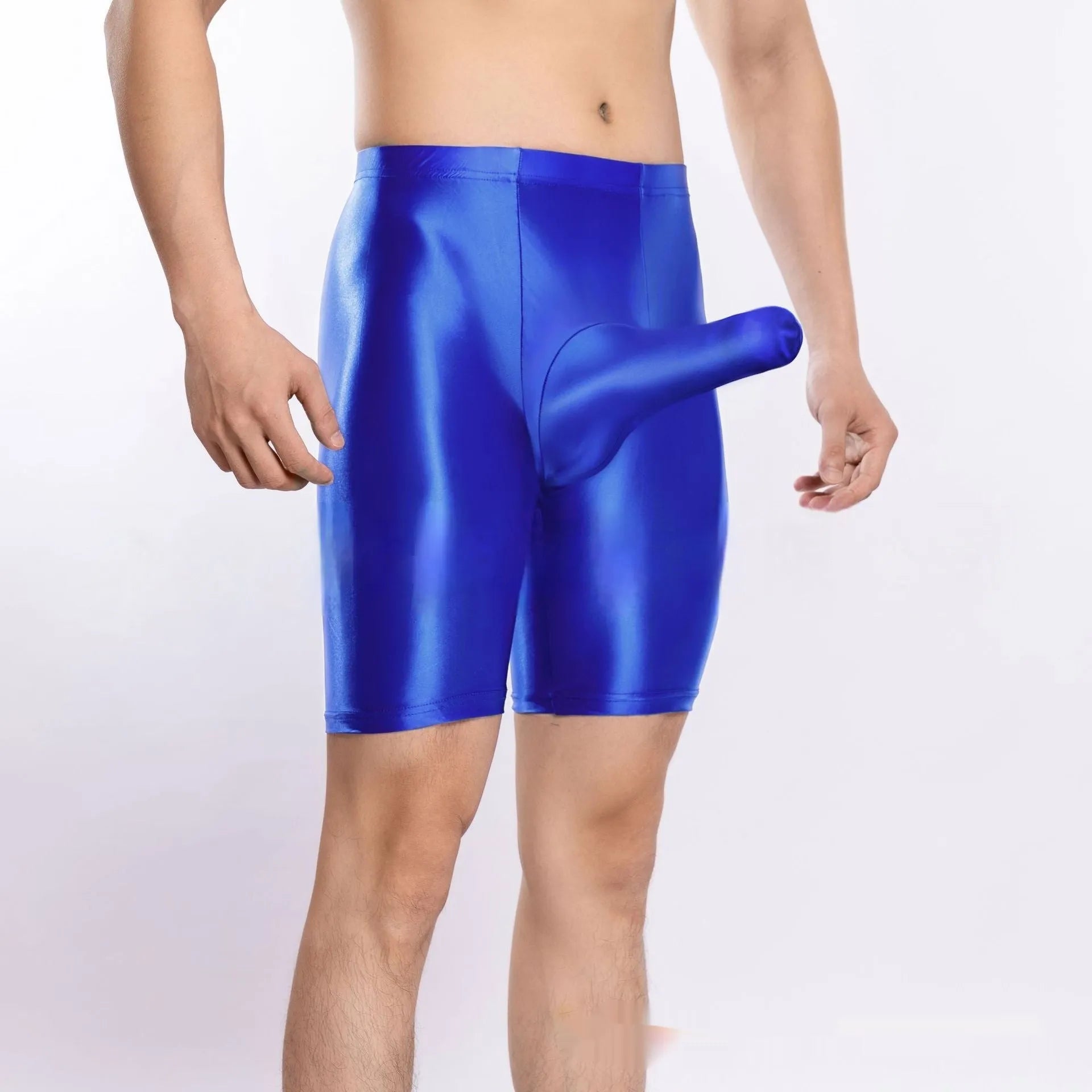 Plus size shiny silky sports shorts for men in nylon fabric showing available colour options