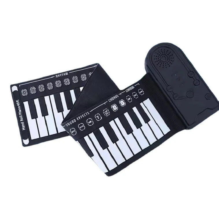 49 key roll up electronic keyboard in glossy black showing flexible silicone piano keys and portable folding design