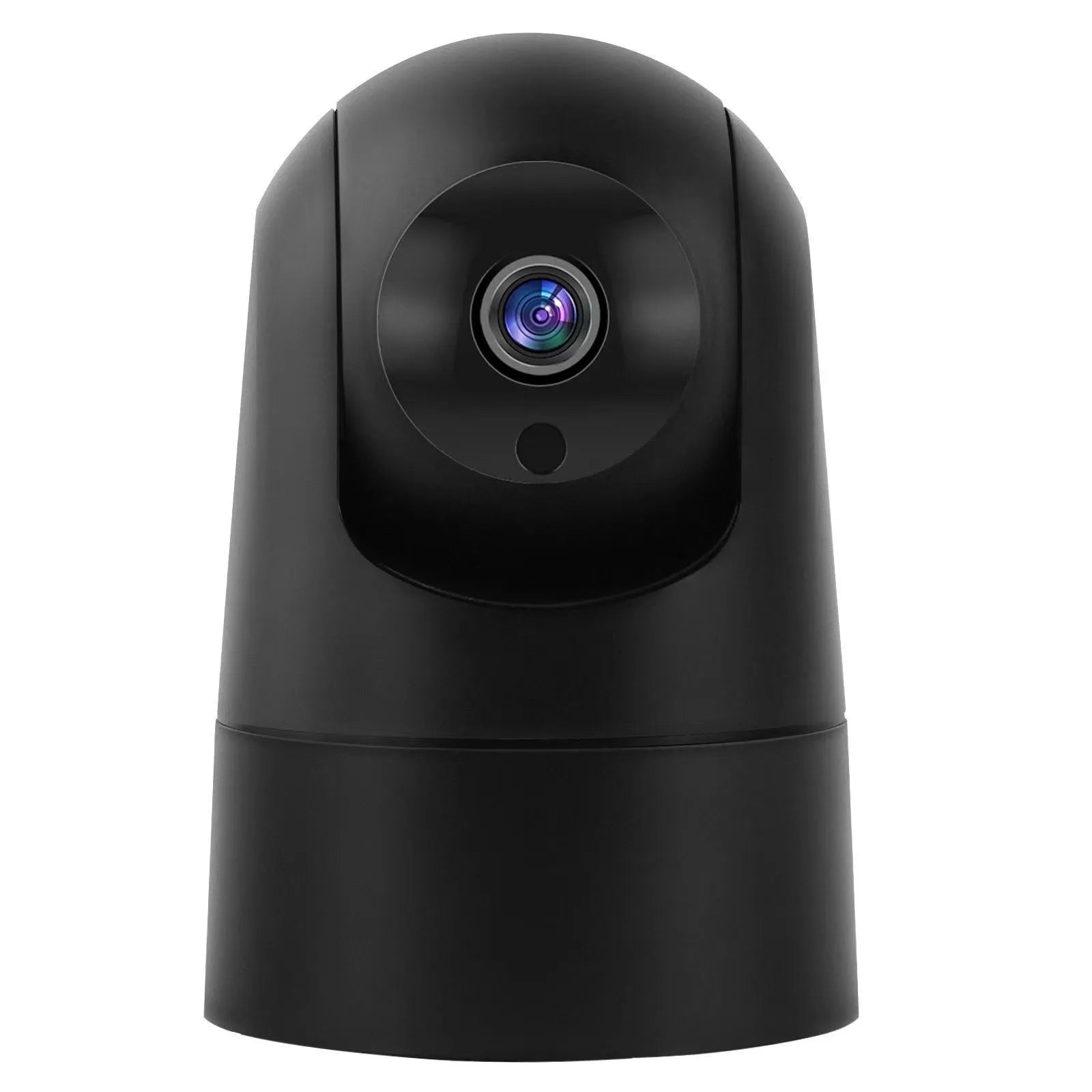White indoor pan tilt security camera with lens on a circular base, showing 1080p and two-way voice labels.