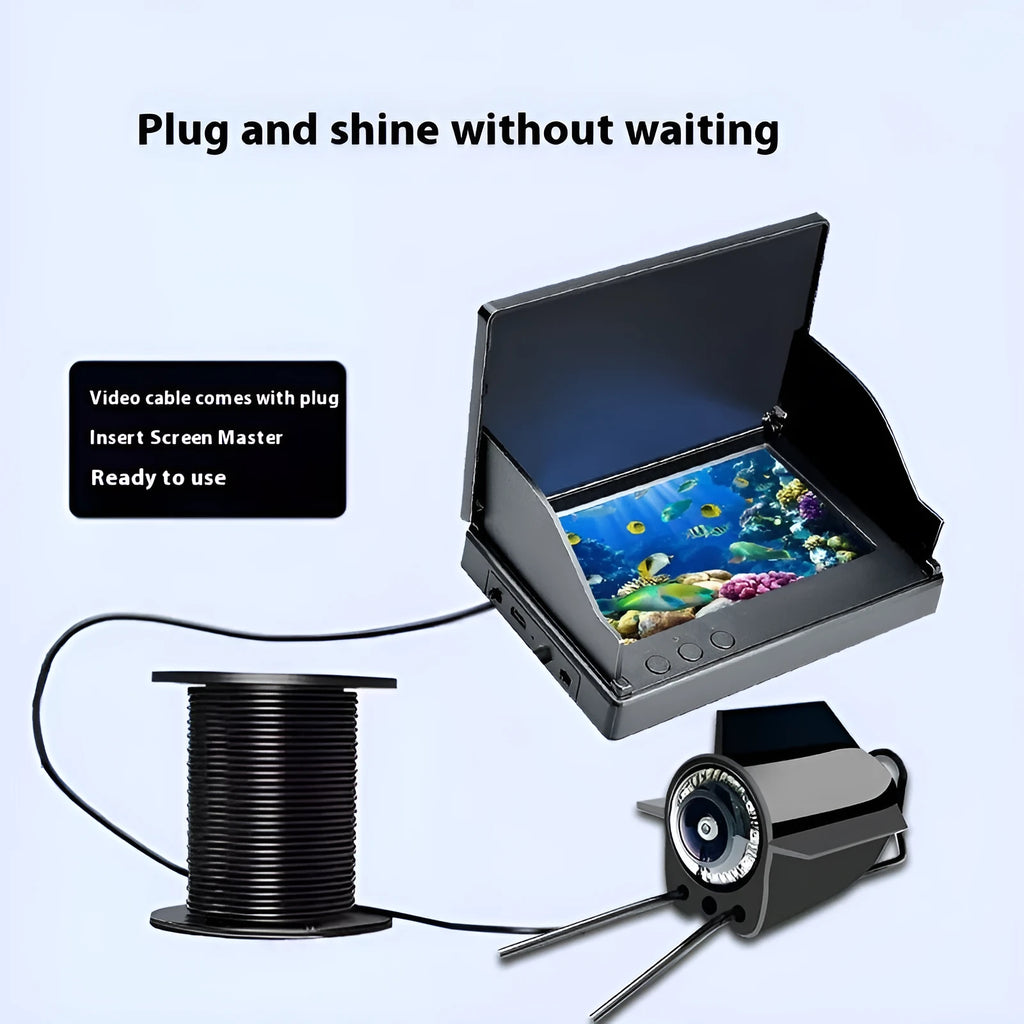 Underwater fish finder camera with 4.3-inch screen, showing a choice of 15, 20 or 30 metre cable options.