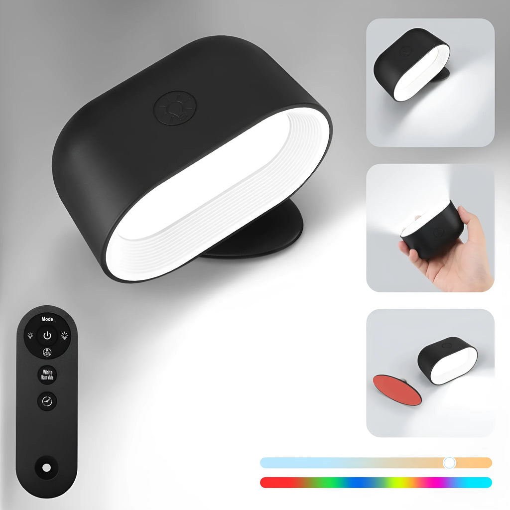Modern oval remote touch magnetic wall lamp shown in white or black with a remote control for colour changing.