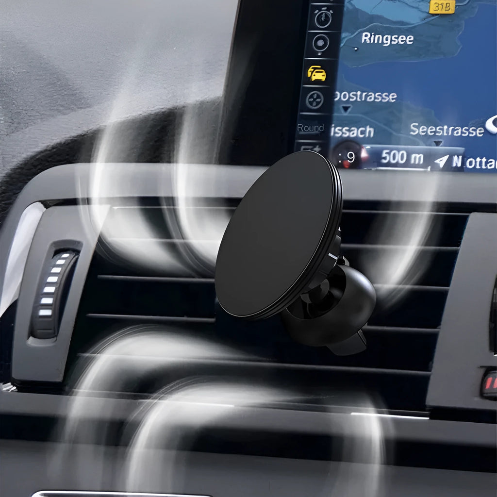Black aluminium alloy magnetic car phone holder mounted to vehicle air vent