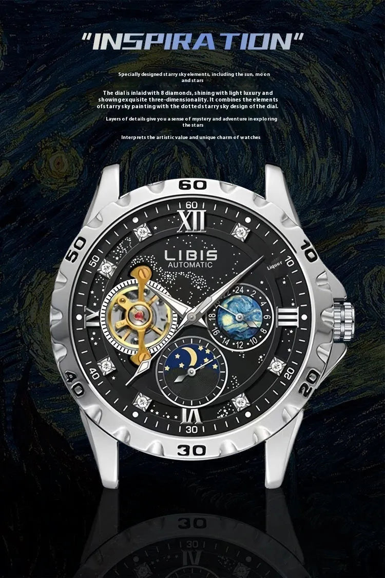 Men's silver case automatic mechanical watch with black starry sky dial and genuine leather strap