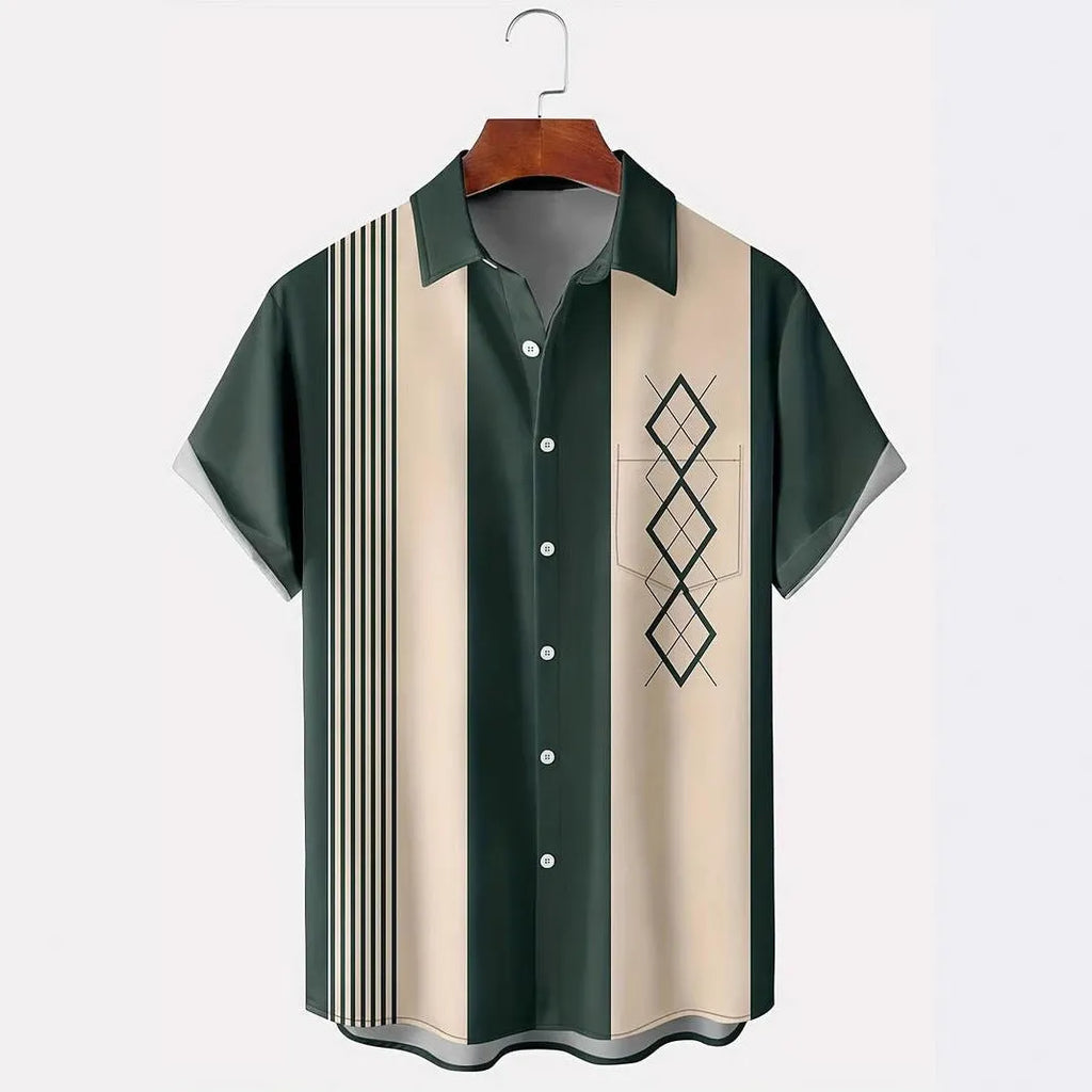 Men's loose plaid short-sleeve shirt with lapel collar on a hanger