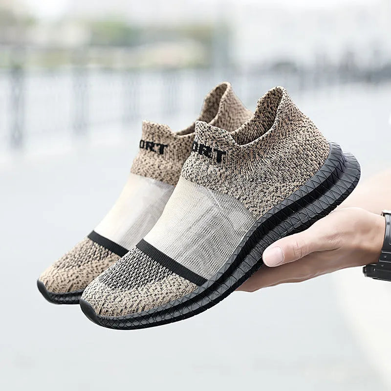 Breathable Flyknit low-top sock shoes in khaki colour with lace and tassel details.