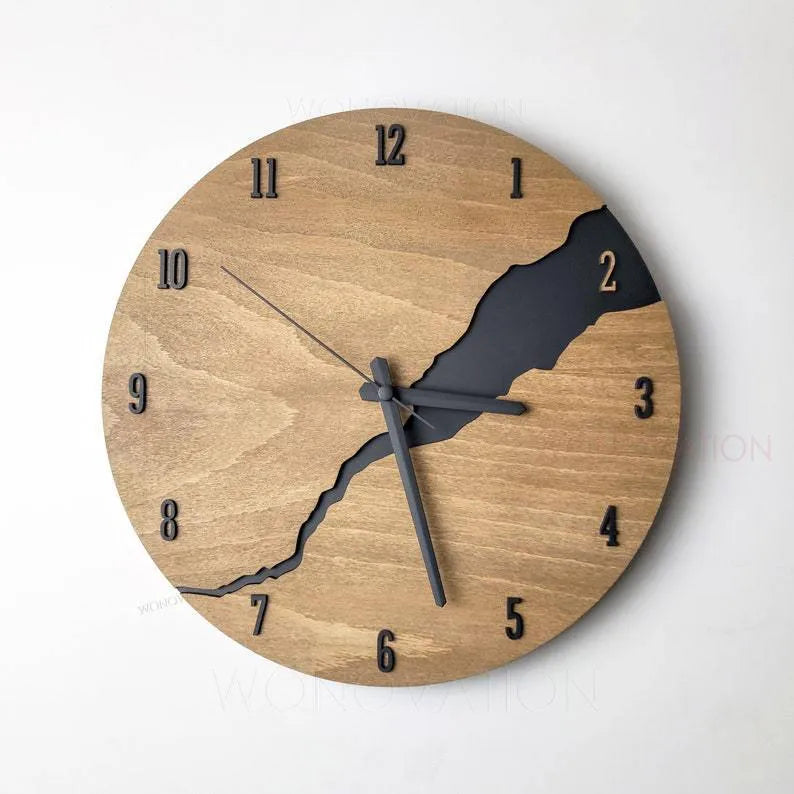 Modern wooden wall clock with creative crack pattern design on white wall