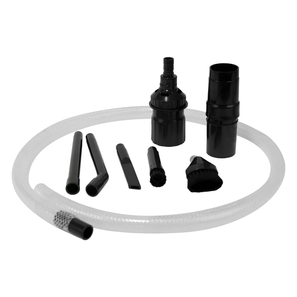 Eight-piece vacuum cleaner accessory tool set with small suction head for compact spaces