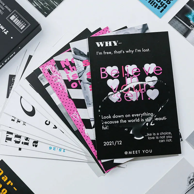 Fresh style greeting postcards showing Time Not Arrived and Warm Wind Not Exhausted message designs in boxed set