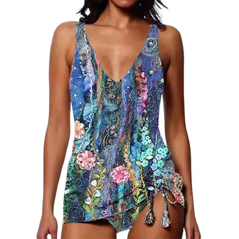 Women's printed triangle bikini split swimsuit in spandex with European pattern design