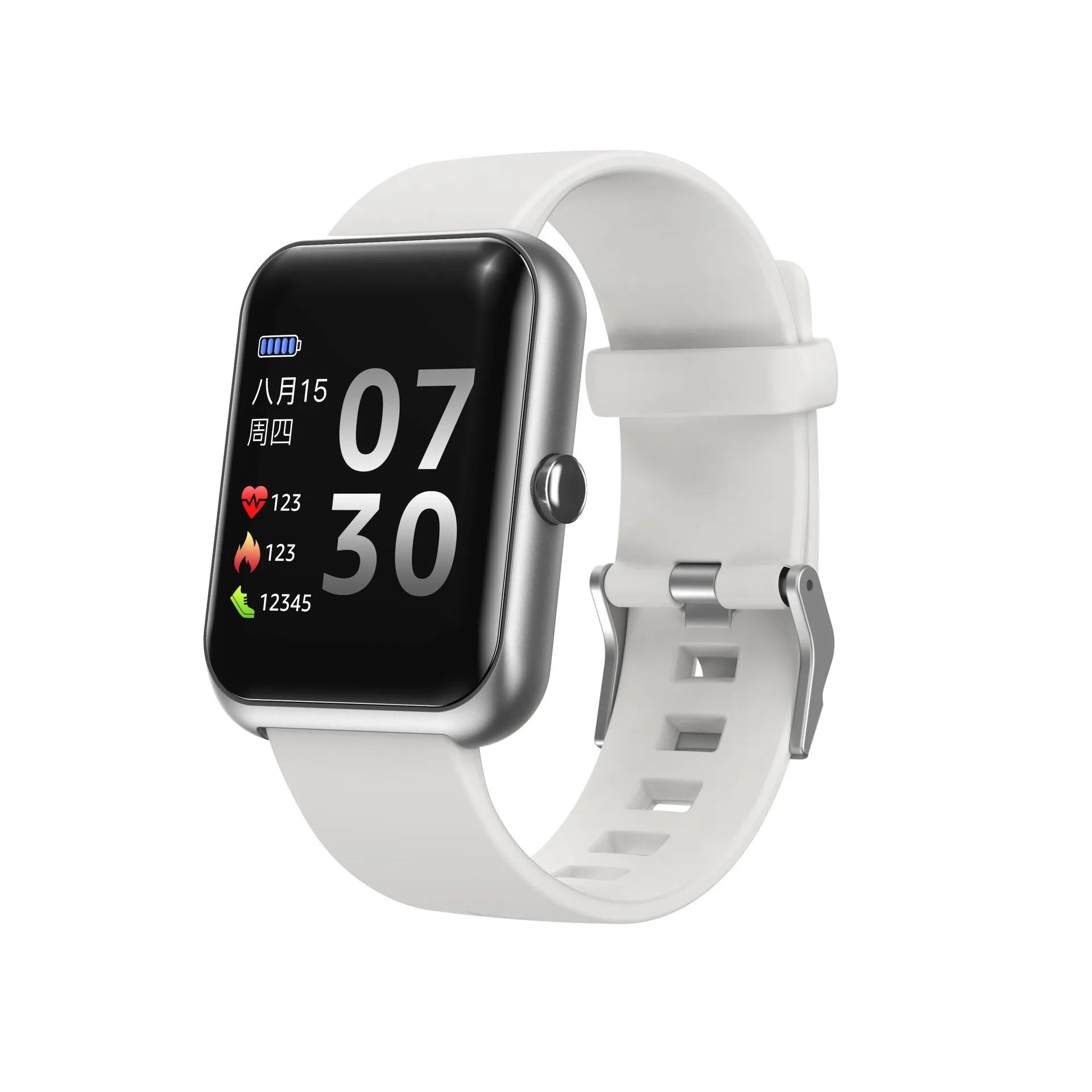 Square couple bracelet smartwatch with silicone strap and anodised aluminium metal case in multiple colours.