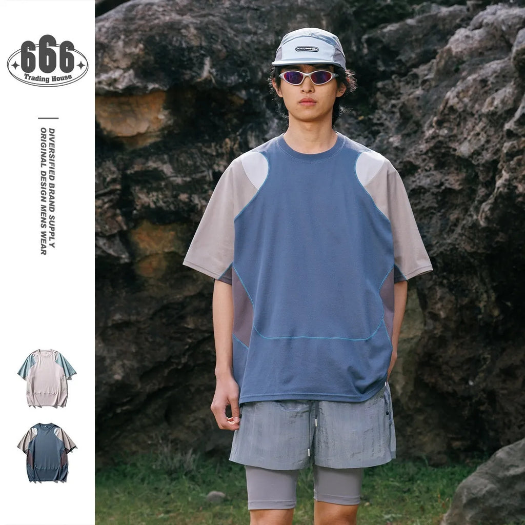 Men's loose fit patchwork contrast colour sports T-shirt with raglan sleeves