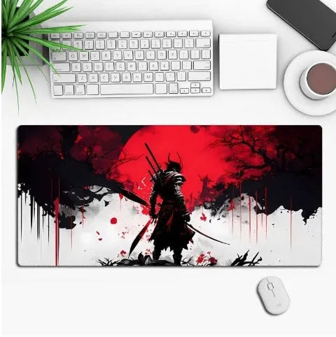 Hot anime series gaming mouse pad with colourful graphic, shown on a desk with a mouse.