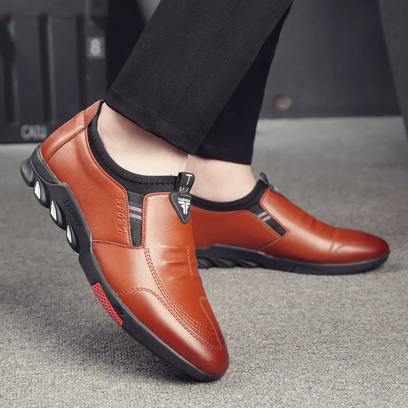Men's black and brown PU business shoes with flat heel for spring, showing lace-up and slip-on style options