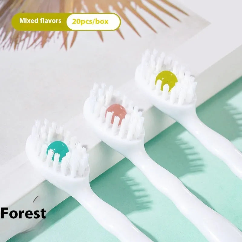 Box of 20 disposable bead travel toothbrushes in mint, peach, plum green tea and mixed flavours.
