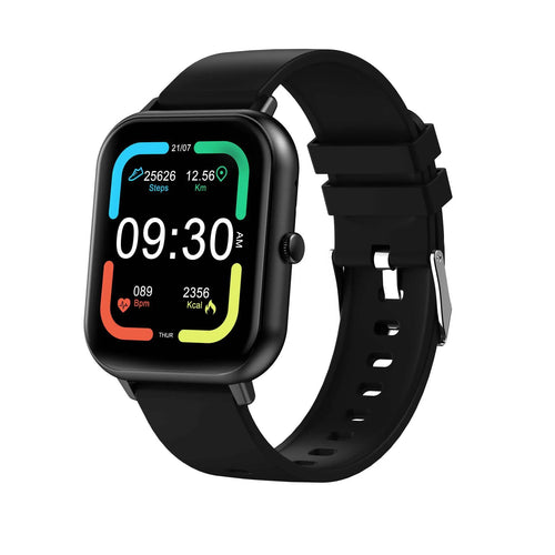 Bluetooth smart watch with heart rate monitor on wrist, showing TFT screen, available in black, silver gray, pink, khaki.