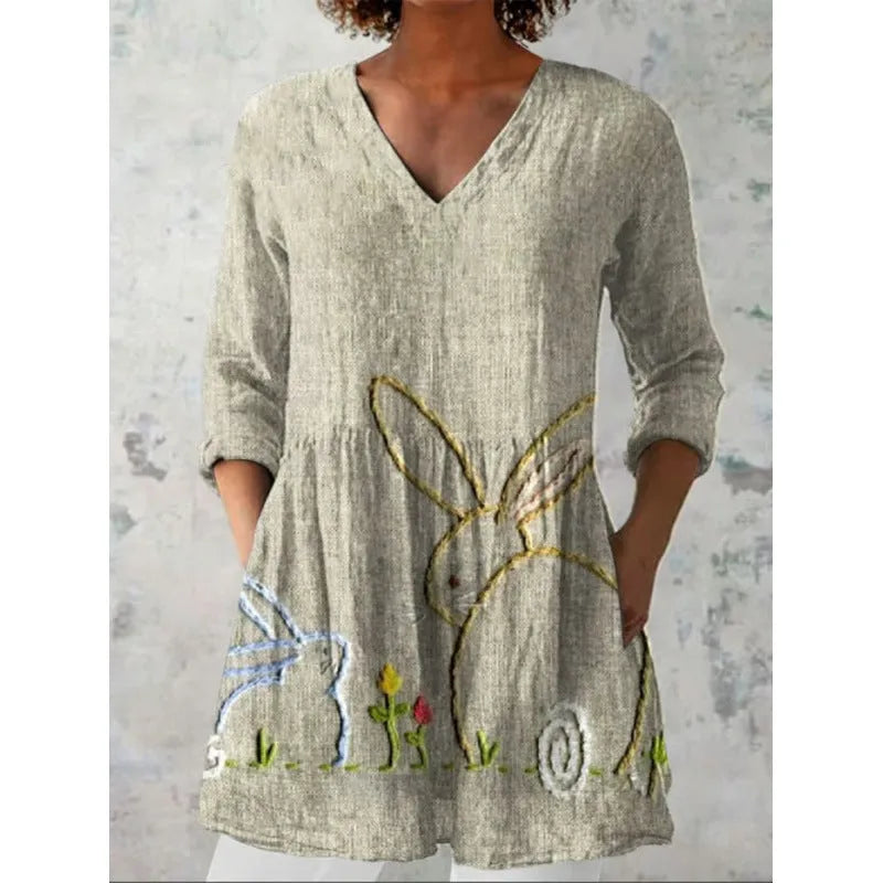 Women's printed wave pattern loose dress with 3/4 sleeves and wide waist design in polyester fabric
