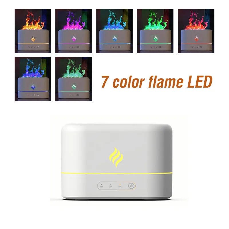 Black USB humidifier with 7-colour flame effect showing mist output from single fog outlet