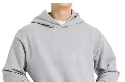 Men's grey fleece-lined cotton pullover hoodie with a front pocket and threaded long sleeves.