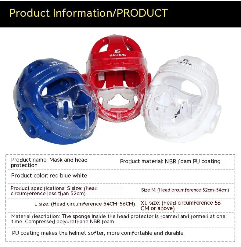 White, blue, and red karate boxing helmets for head protection in four sizes