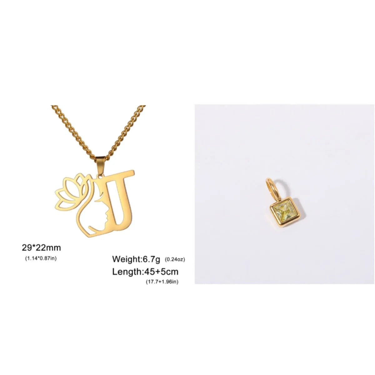 Stainless steel necklace with cross chain and a single initial letter pendant in gold tone.