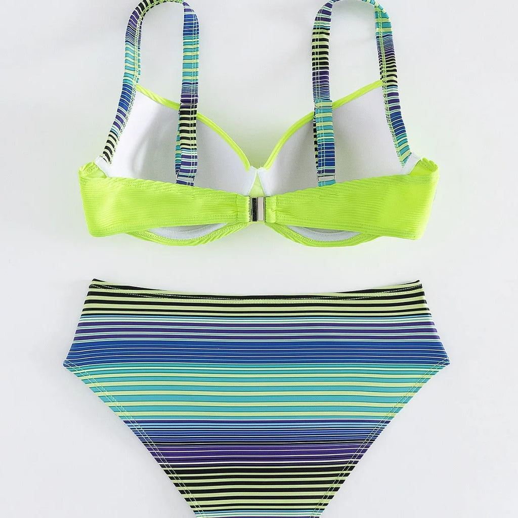 Green printed halter bikini set with split-style briefs for women