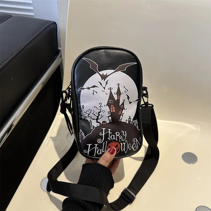 Black Halloween graffiti mini crossbody bag with cartoon pumpkin ghost bat print